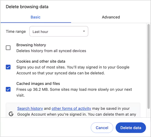 Clear browser cache and cookies