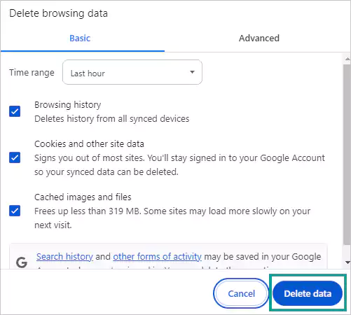 Click on the Delete Data button