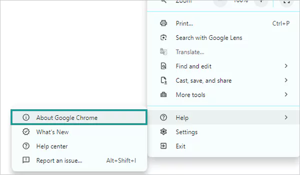 Hover over Help then select About Google Chrome