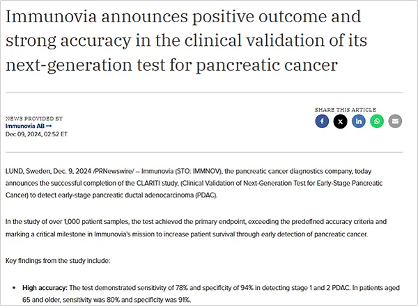 Immunovia's healthcare news