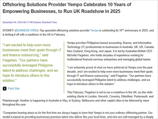 Offshoring Solutions Provider Yempo’s announcement